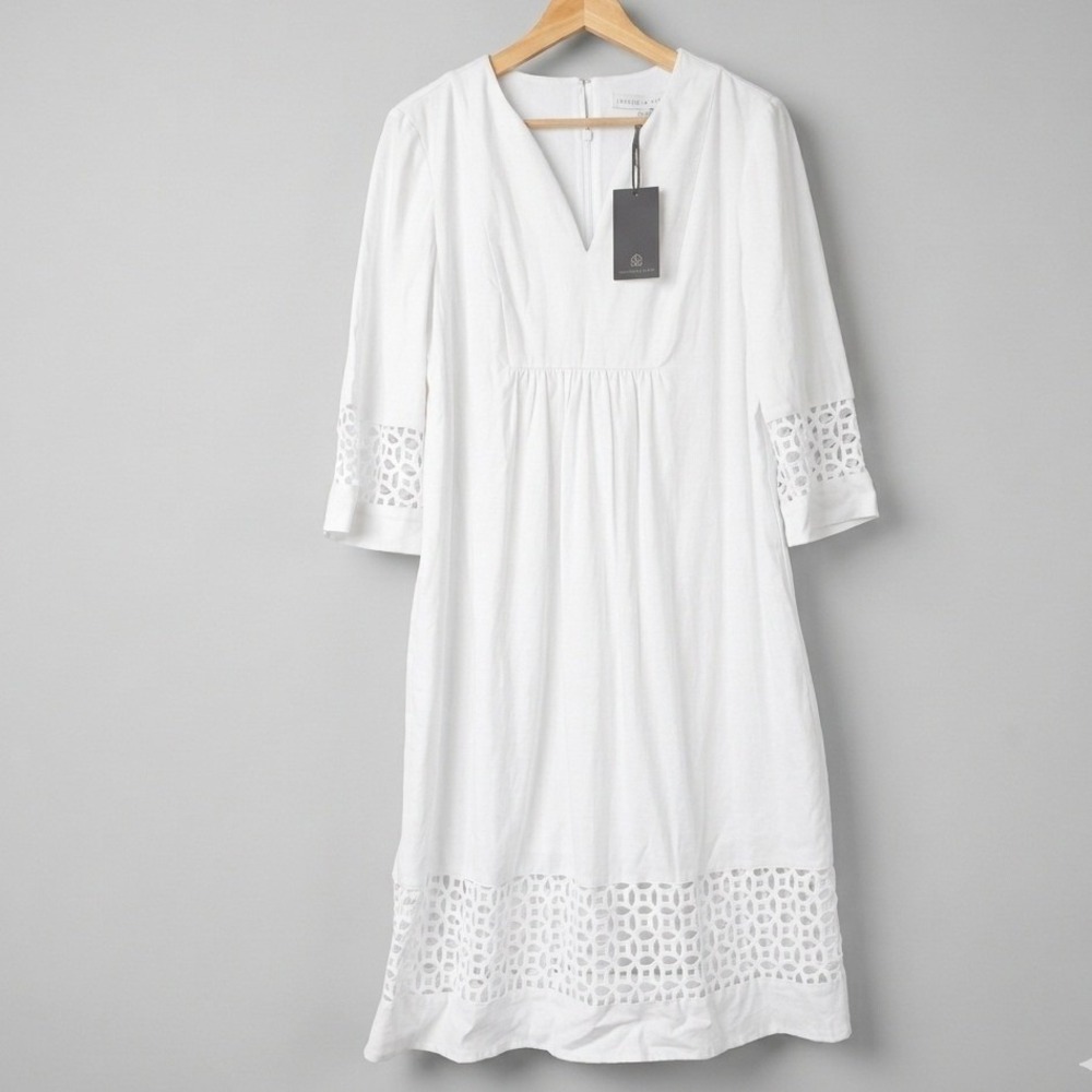 Cream Linen Blend NWT Eyelet Lace V-Neck Shift Dress Prairie Cottagecore Coastal